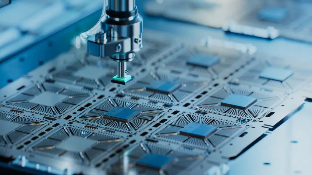 Close-up da matriz de silício sendo extraída do wafer de semicondutores e presa ao substrato por máquina de coleta e colocação.